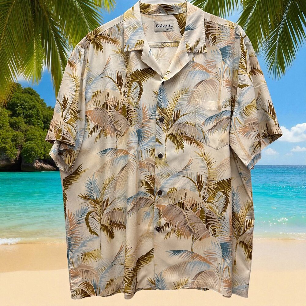 Bishop St. Rayon Hawaiian Shirt M Palm Frond Tropical Print